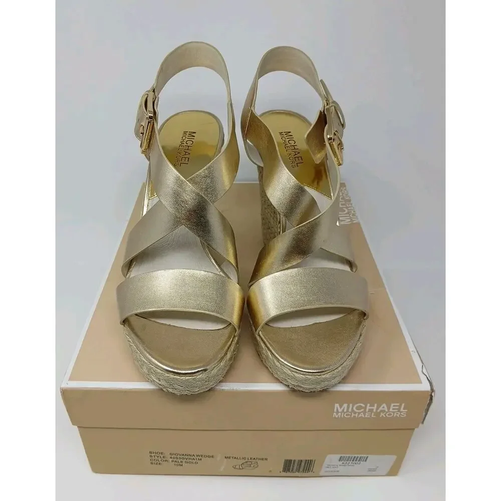 Michael Kors Giovanna MK Logo Pale Gold Espadrille Wedge Women’s US Size 10M New